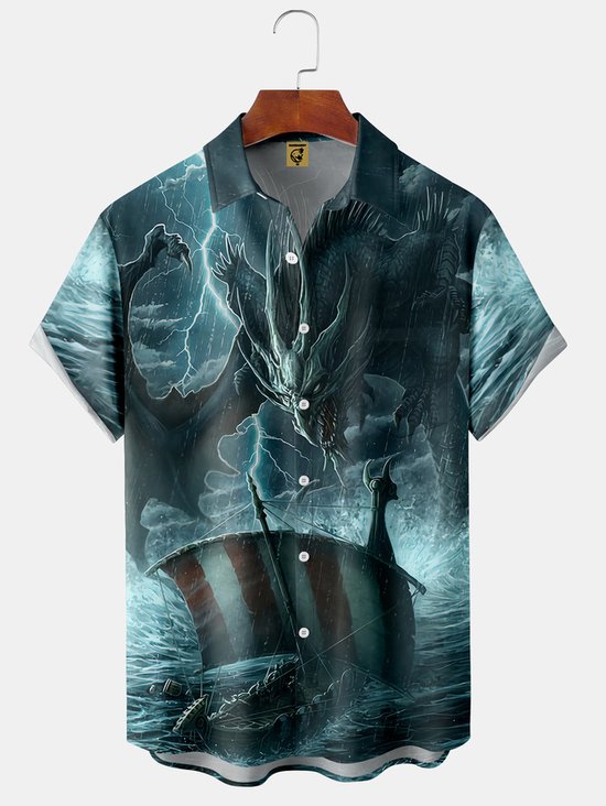Mens Dragon Print Front Buttons Soft Breathable Chest Pocket Casual Hawaiian Shirt