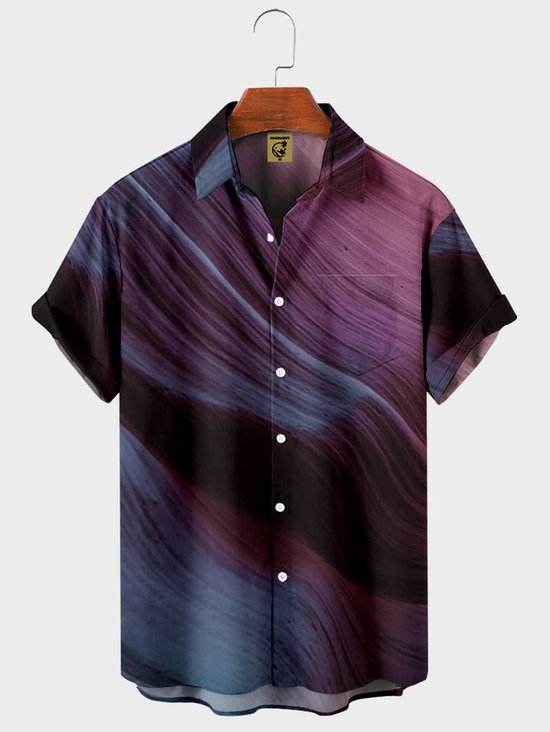 Mens Rock Waves Print Turndown Collar Chest Pocket Short Sleeve Casual Shirt