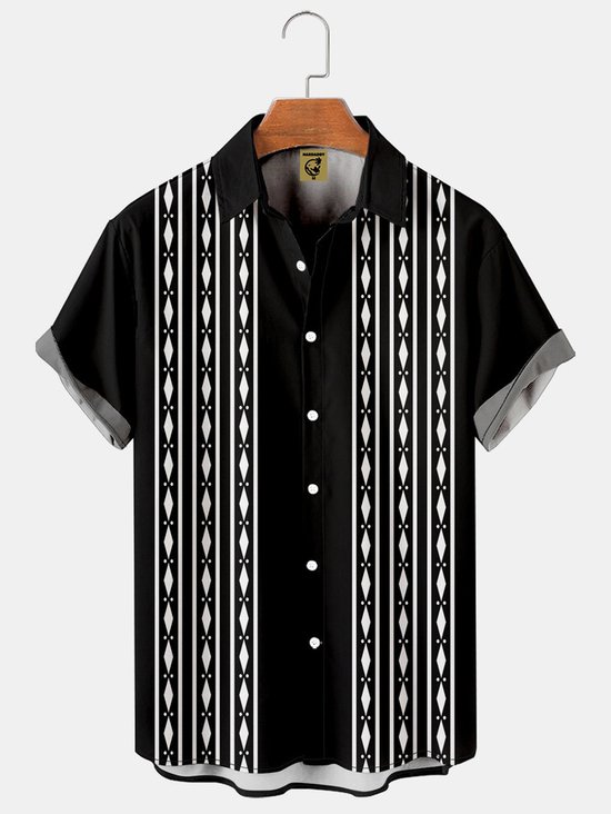Mens Retro Striped Print Lapel Loose Short Sleeve Funky Bowling Shirt