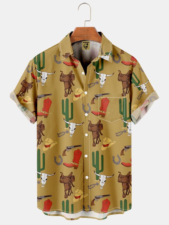 Mens Cowboy Print Lapel Loose Chest Pocket Short Sleeve Funky Aloha Shirt