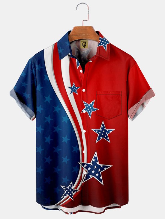 Mens America Flag Casual Breathable Chest Pocket Short Sleeve Hawaiian Shirt