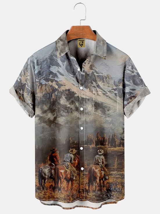 Mens Cowboy Print Lapel Loose Chest Pocket Short Sleeve Funky Hawaiian Shirts