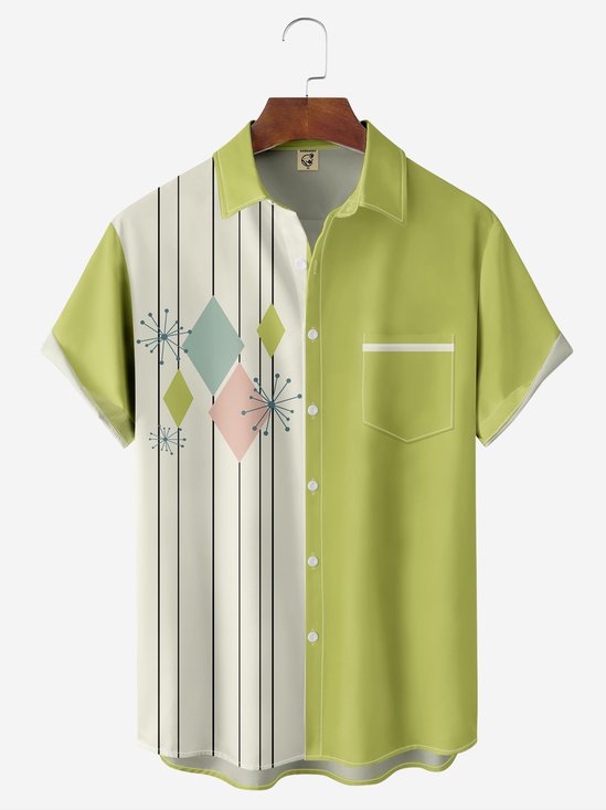 Breathable Geometric Pattern Chest Pocket Bowling Shirt