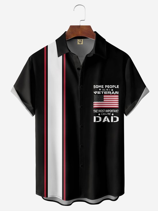 Breathable Flag Text Chest Pocket Bowling Shirt