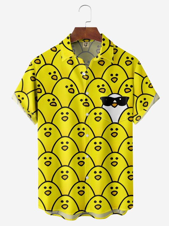 Moisture-wicking Cartoon Chick Chest Pocket Hawaiian Shirt