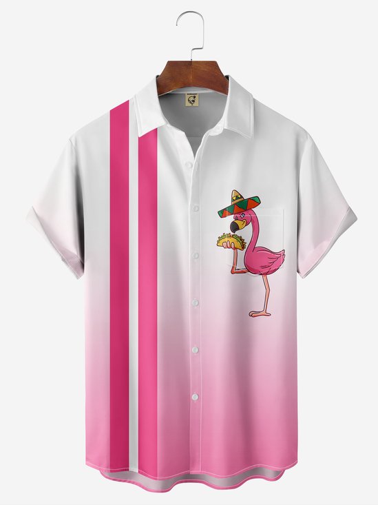 Breathable Gradient Flamingo Chest Pocket Bowling Shirt