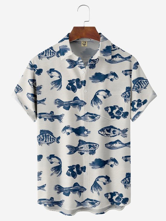 Moisture-wicking Breathable Fishes Chest Pocket Hawaiian Shirt