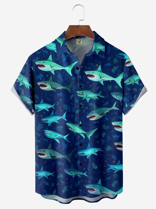 Moisture-wicking Marine Shark Chest Pocket Hawaiian Shirt