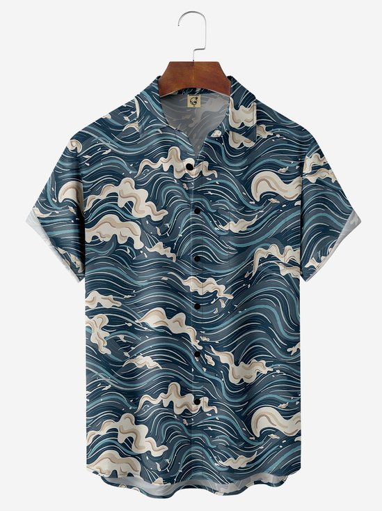 Moisture-wicking Breathable Wave Chest Pocket Hawaiian Shirt