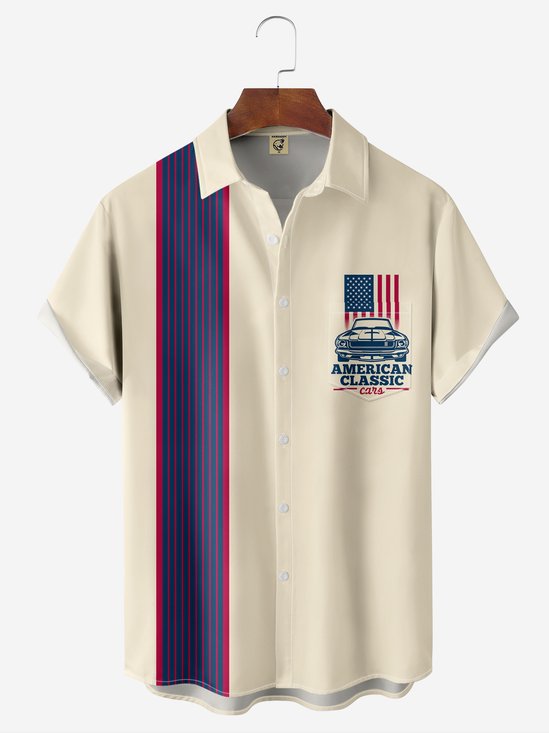 Breathable Retro Car Flag Chest Pocket Bowling Shirt