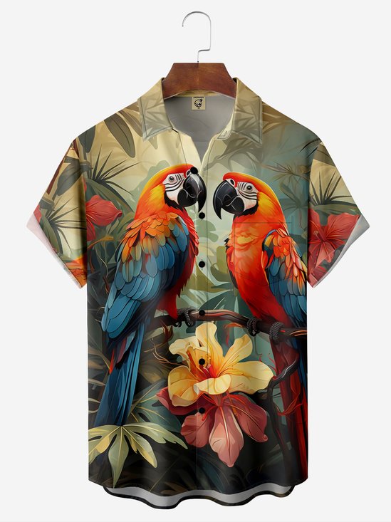Moisture-wicking Breathable Parrots Chest Pocket Hawaiian Shirt