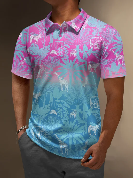 Moisture-wicking Golf Polo Gradient Color Tropical Plants Animals