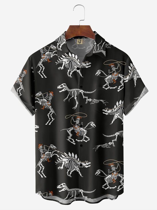 Moisture-Wicking Breathable Skull Dinosaur Chest Pocket Vacation Shirt