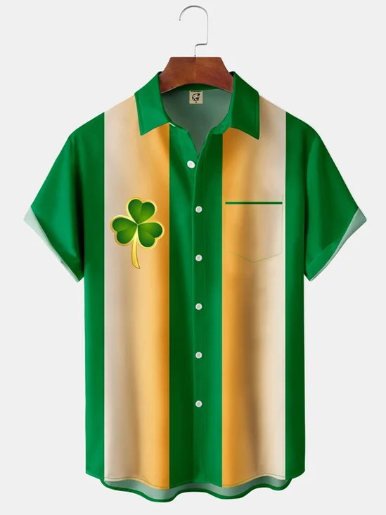 St Patricks Day Shamrock Chest Pocket Short Sleeve Bowling Shirt