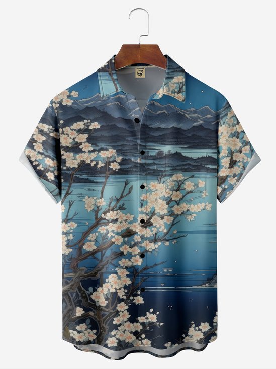 Moisture-wicking Cherry Blossoms Chest Pocket Hawaiian Shirt