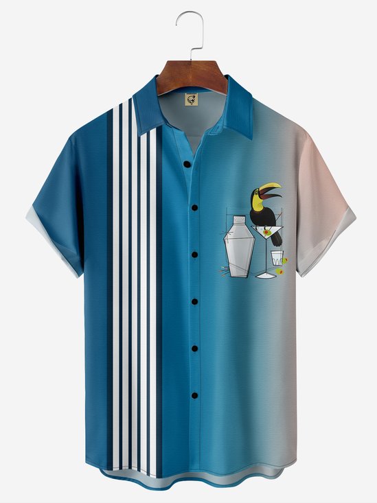 Moisture-wicking Cocktail Parrot Chest Pocket Bowling Shirt