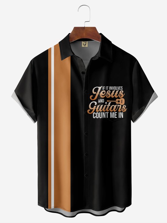 Moisture-wicking Easter Jesus Guitar Chest Pocket Bowling Shirt