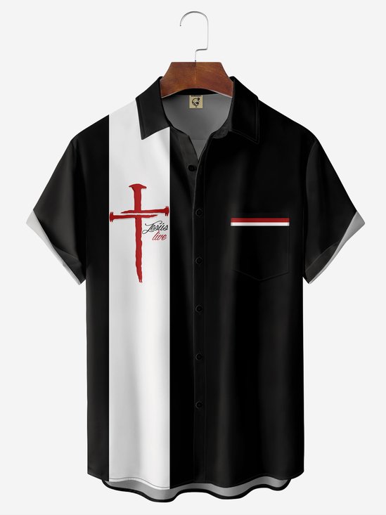 Moisture-wicking Easter Jesus Crucifixion Chest Pocket Bowling Shirt