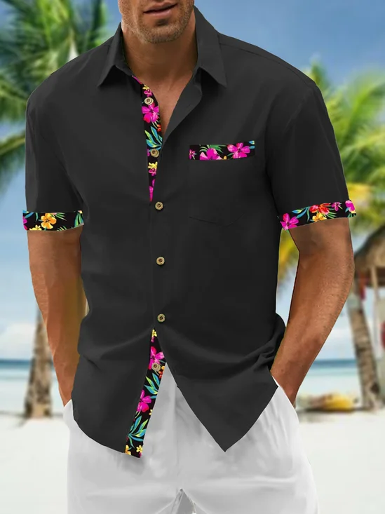 Cotton Patchwork Tropical Plant Floral Print Casual Shirt