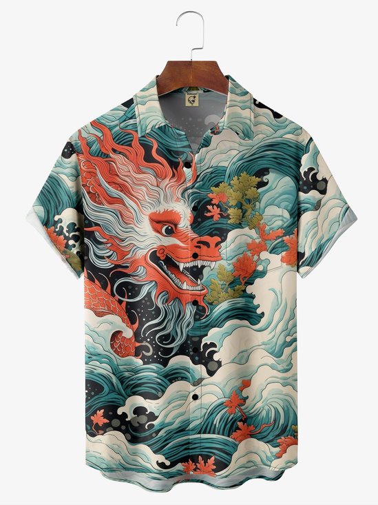 Moisture-wicking Dragon Chest Pocket Hawaiian Shirt