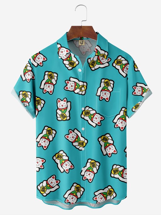 Moisture-wicking Maneki Neko Chest Pocket Hawaiian Shirt