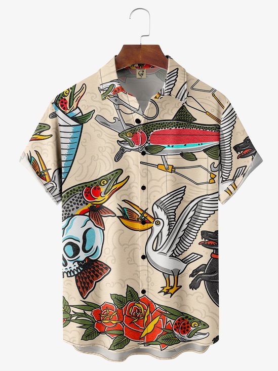 Moisture-wicking Vintage Fish Chest Pocket Hawaiian Shirt