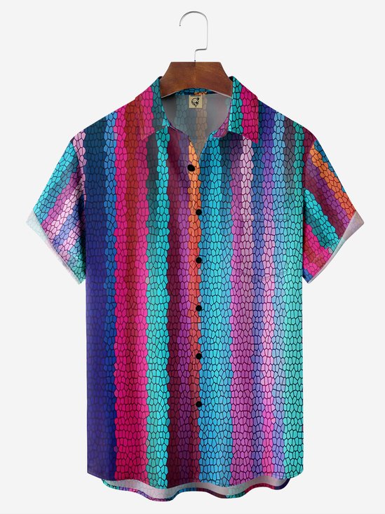 Moisture-wicking Striped Color Block Chest Pocket Hawaiian Shirt