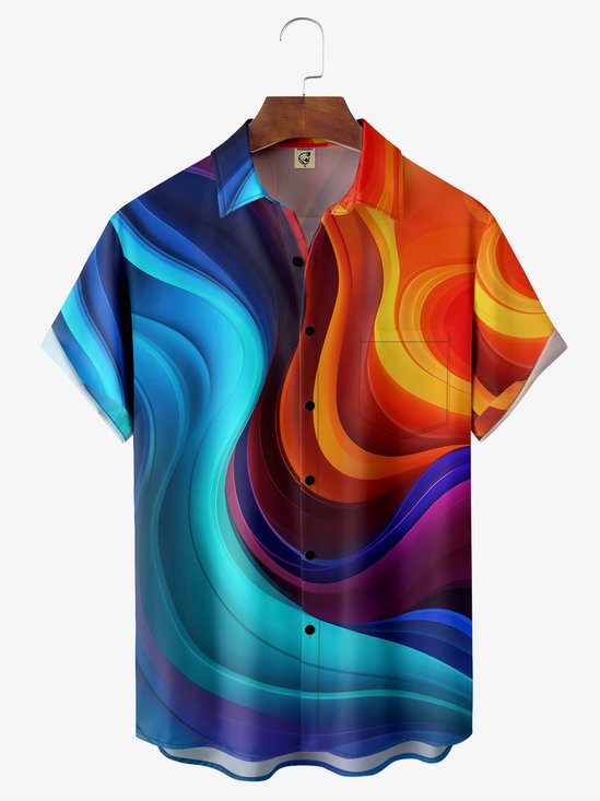 Moisture-wicking 3D Line Art Chest Pocket Hawaiian Shirt