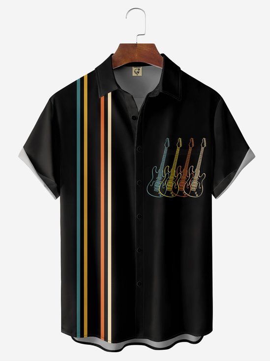 Breathable Rock Roll Guitar Chest Pocket Bowling Shirt
