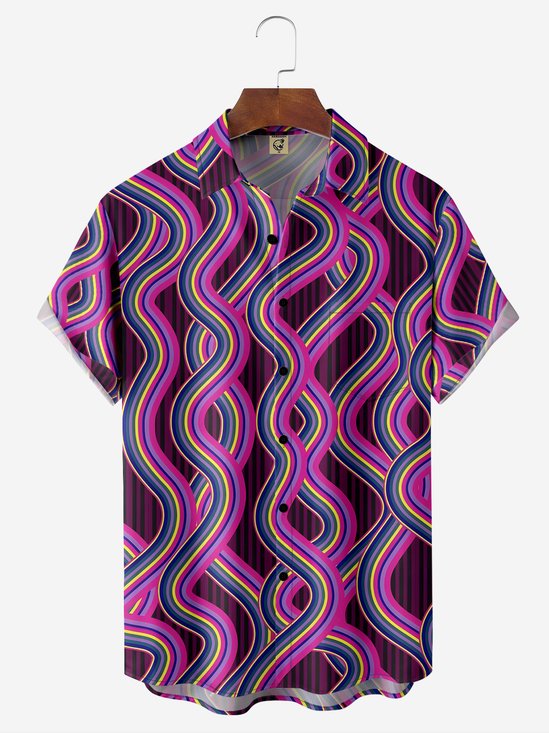 Moisture-wicking Striped Corrugated Chest Pocket Hawaiian Shirt