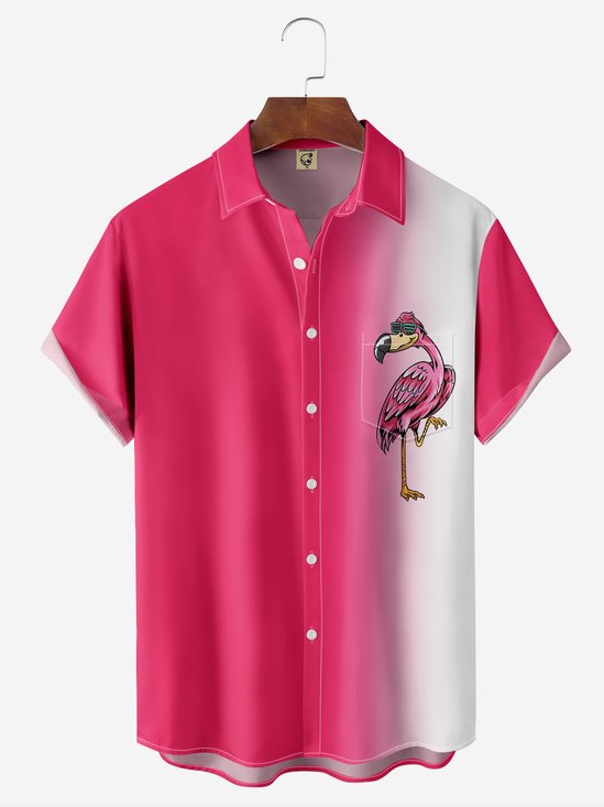 Moisture-wicking Gradient Flamingo Chest Pocket Hawaiian Shirt