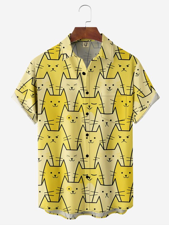 Moisture-wicking Geometric Cat Chest Pocket Hawaiian Shirt