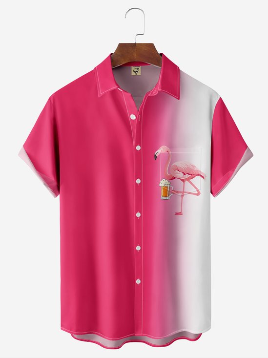 Moisture-wicking Gradient Flamingo Chest Pocket Hawaiian Shirt