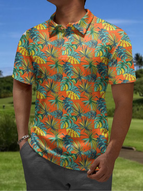 Moisture Wicking Golf Polo Tropical Plant Leaves