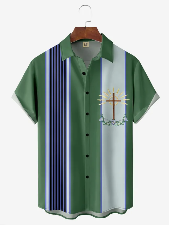 Moisture-wicking Cross Geometry Chest Pocket Bowling Shirt