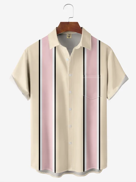 Moisture-wicking Contrast Color Geometric Chest Pocket Bowling Shirt