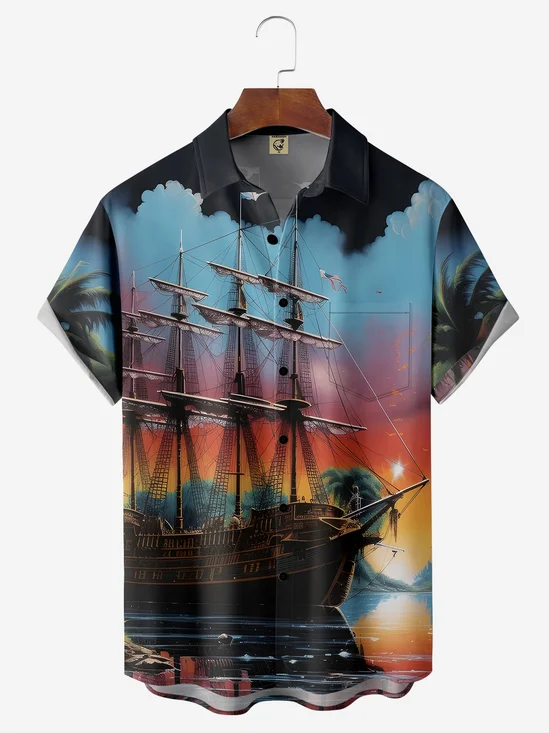 Moisture-wicking Sailing Boat Chest Pocket Hawaiian Shirt
