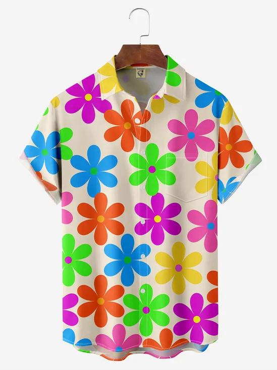 Breathable Wicking Floral Chest Pocket Hawaiian Shirt