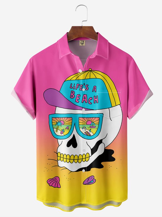 Moisture-wicking Beach Skull Chest Pocket Hawaiian Shirt