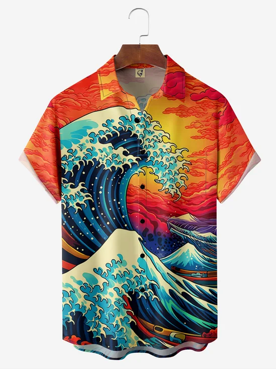 Breathable Wicking Ukiyo-e Wave Art Chest Pocket Hawaiian Shirt