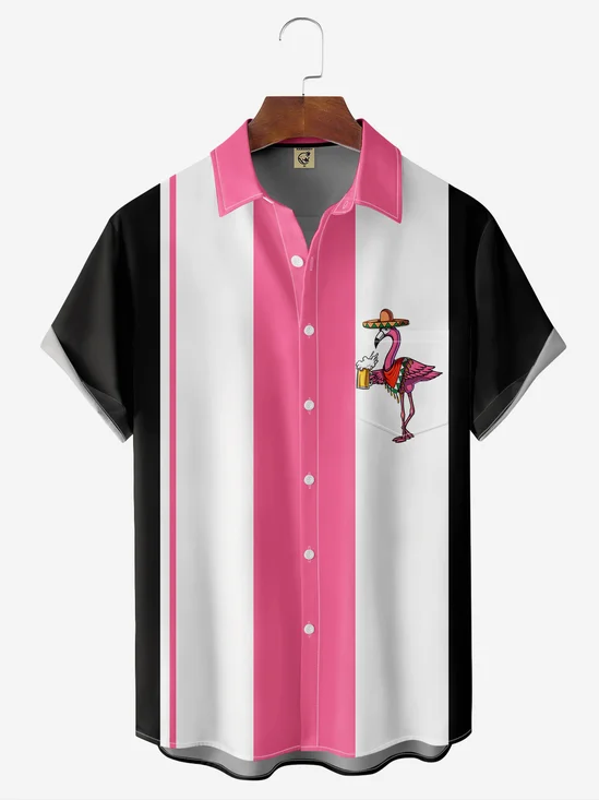 Hardaddy Moisture-wicking Cinco de Mayo Flamingo Chest Pocket Bowling Shirt