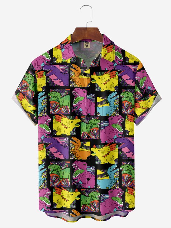 Moisture-Wicking Breathable Multi-Color Block Dinosaur Chest Pocket Shirt