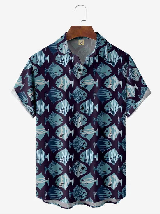 Moisture-wicking Fish Chest Pocket Hawaiian Shirt