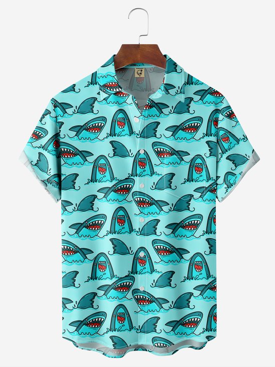 Moisture-Wicking Shark Print Chest Pocket Shirt