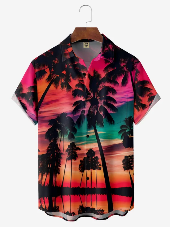 Moisture-wicking Palm Tree Chest Pocket Hawaiian Shirt