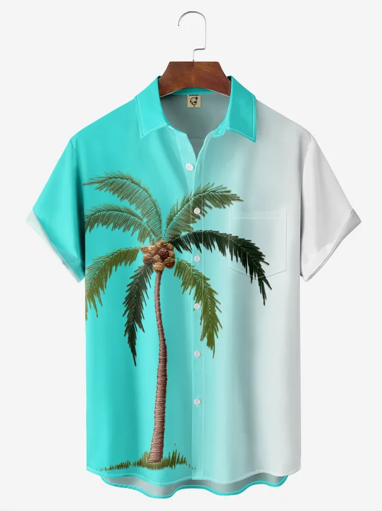 Moisture-wicking Coconut Tree Gradient Chest Pocket Hawaiian Shirt