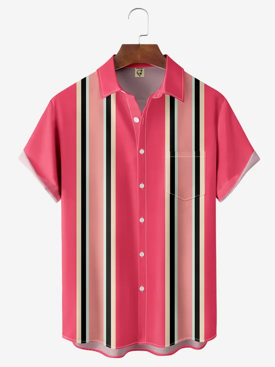 Moisture-wicking Geometry Color Block Chest Pocket Bowling Shirt