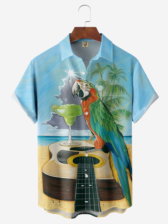 Moisture-wicking Vintage Parrot Guitar Chest Pocket Hawaiian Shirt
