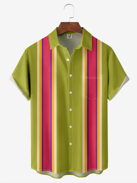 Moisture-wicking Geometry Color Block Chest Pocket Bowling Shirt