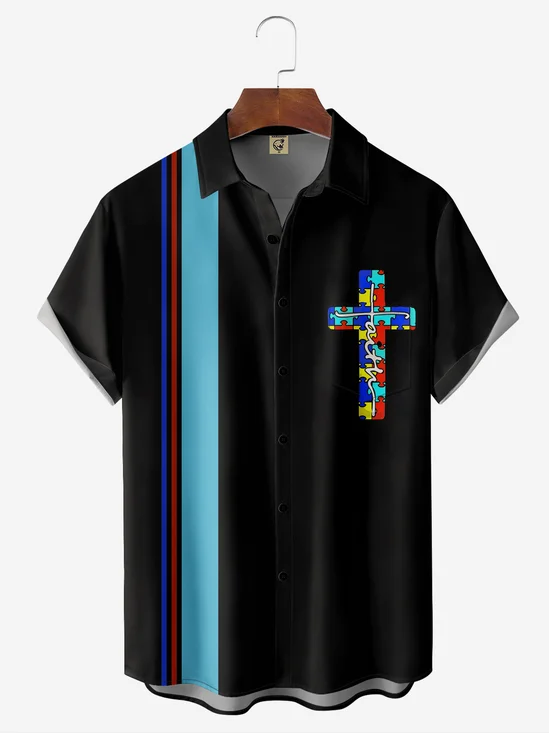 Moisture-Wicking Striped Cross-Print Chest Pocket Bowling Shirt
